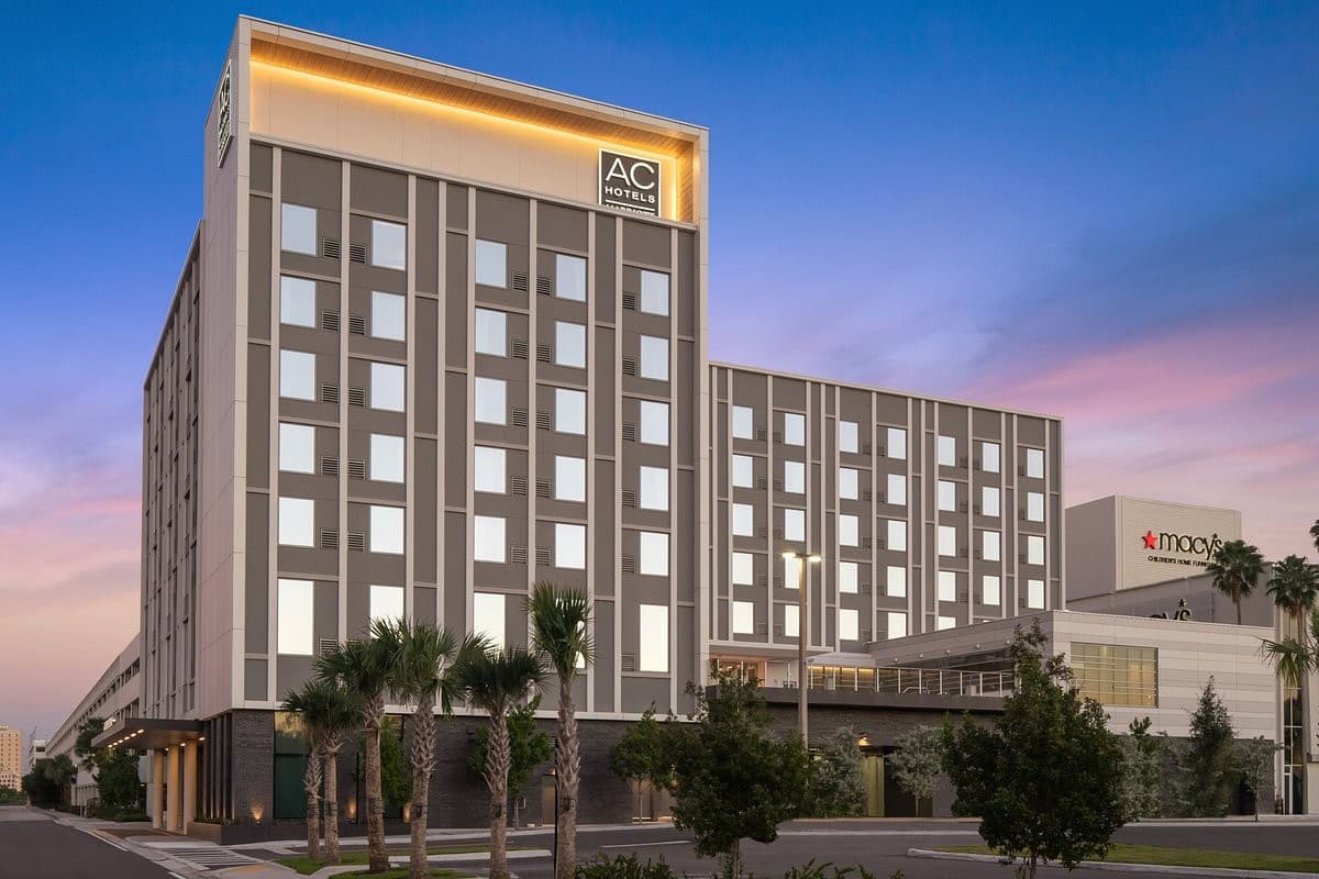 AC Hotel Miami Dadeland exterior view at sunset