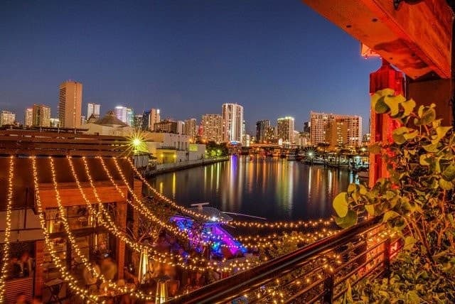 Amazónico Miami ambiance at night with waterfront view