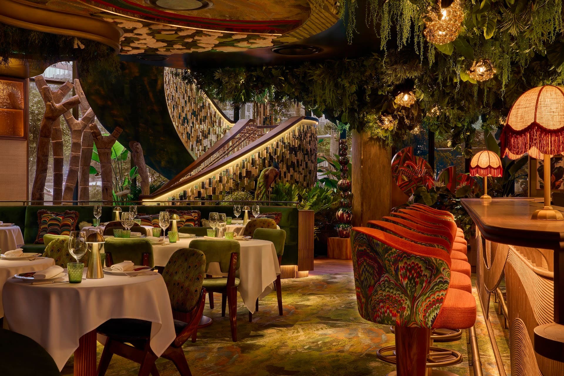 Amazónico Miami interior with lush decor and vibrant colors