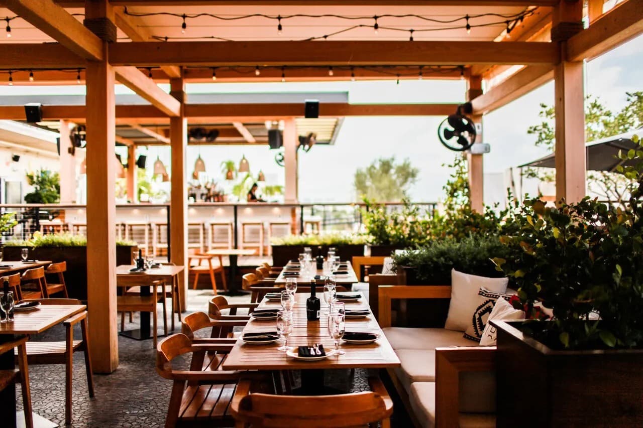 Astra Miami Rooftop dining area with unique decor