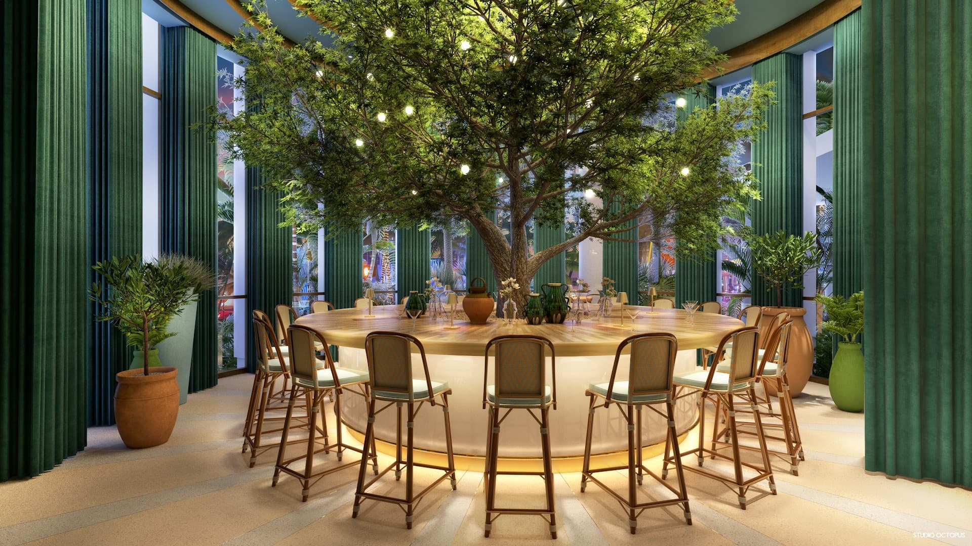 Bagatelle Miami Beach interior view with tree and seating