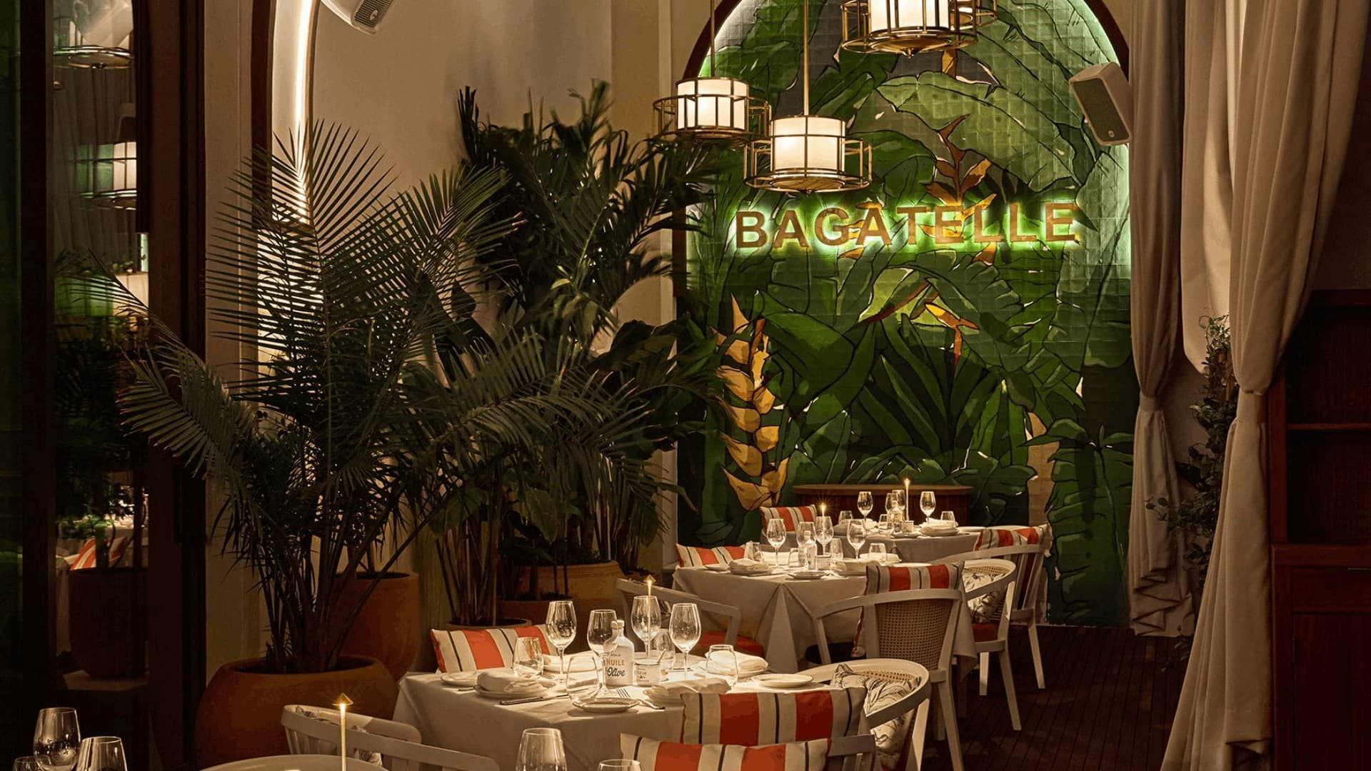 Bagatelle Miami River interior dining space with tropical decor