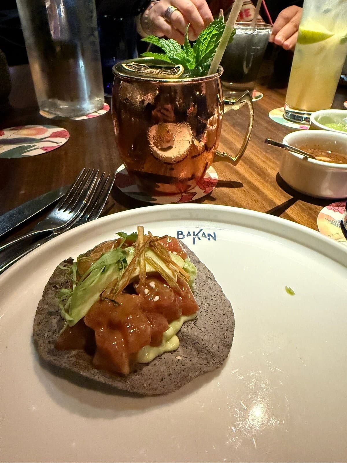 Delicious dish at Bakan, Miami featuring blue corn tortilla