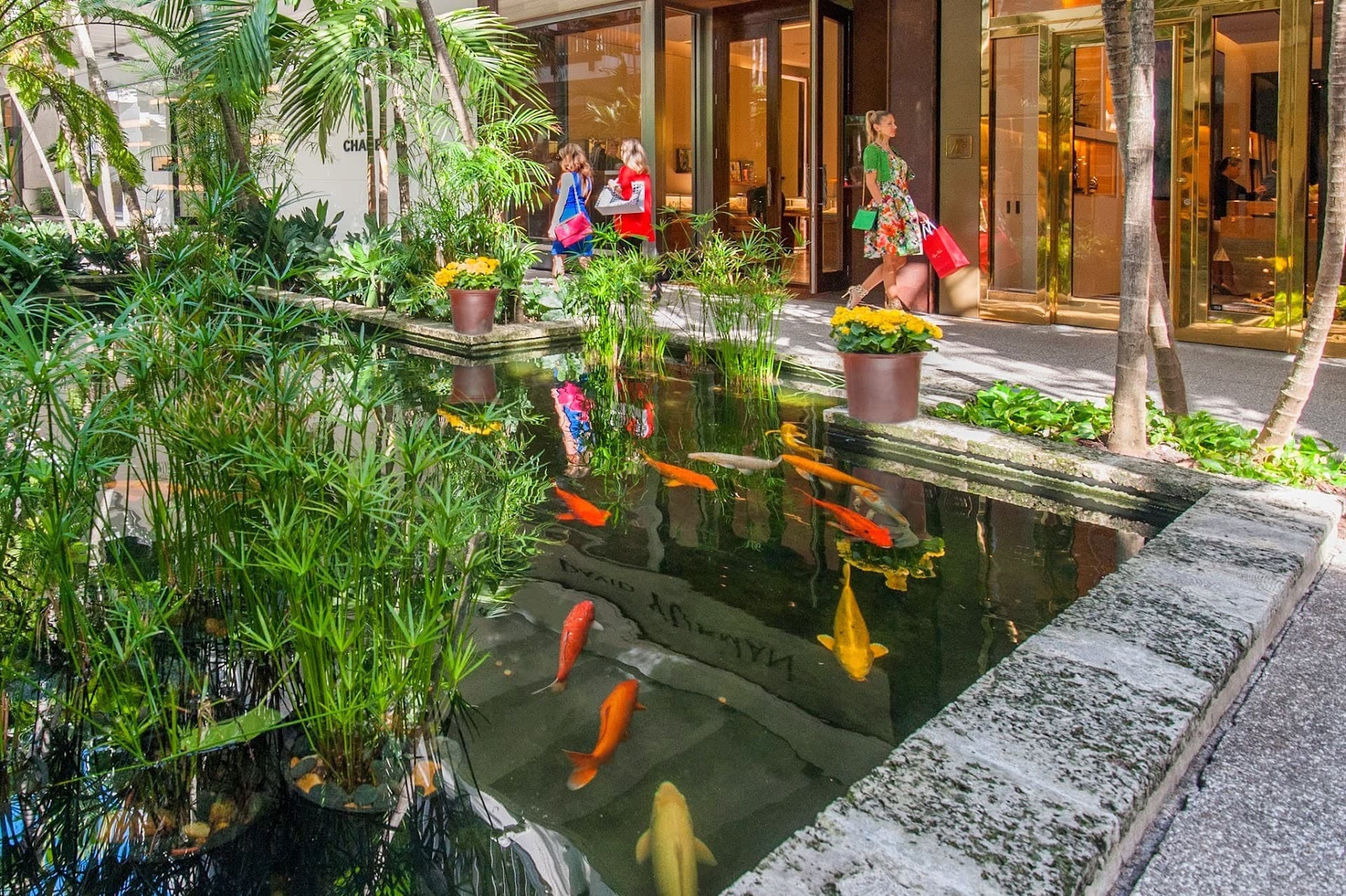 Scenic view of Bal Harbour Shops with koi pond