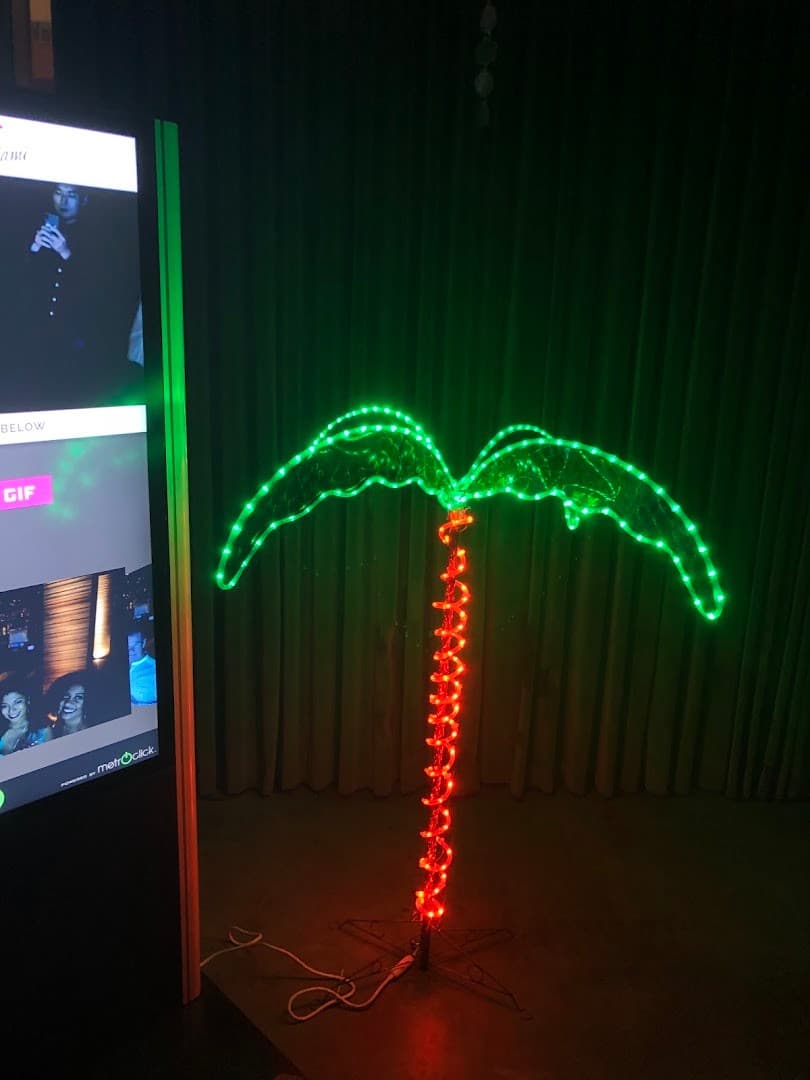 Neon palm tree decor at Basement Bowl & Skate Miami Beach