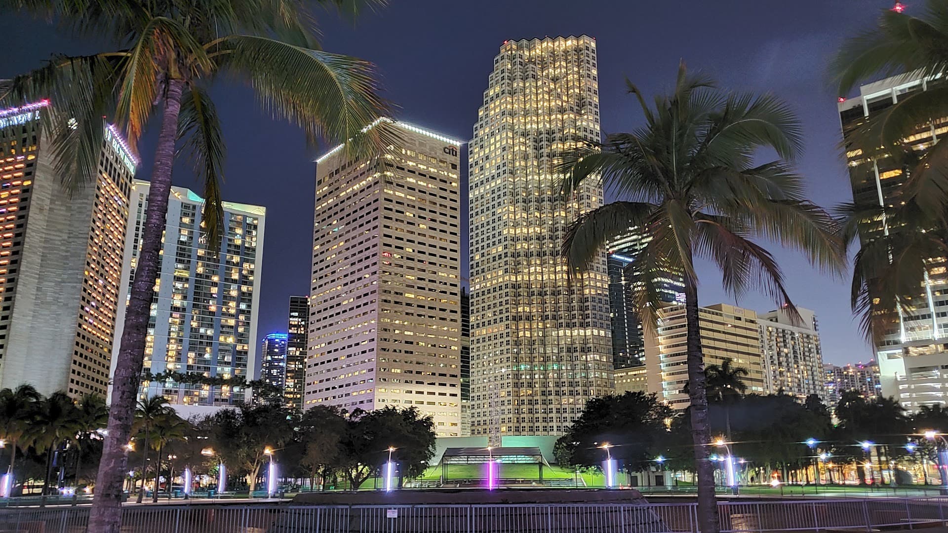 Bayfront Park Miami city skyline at night
