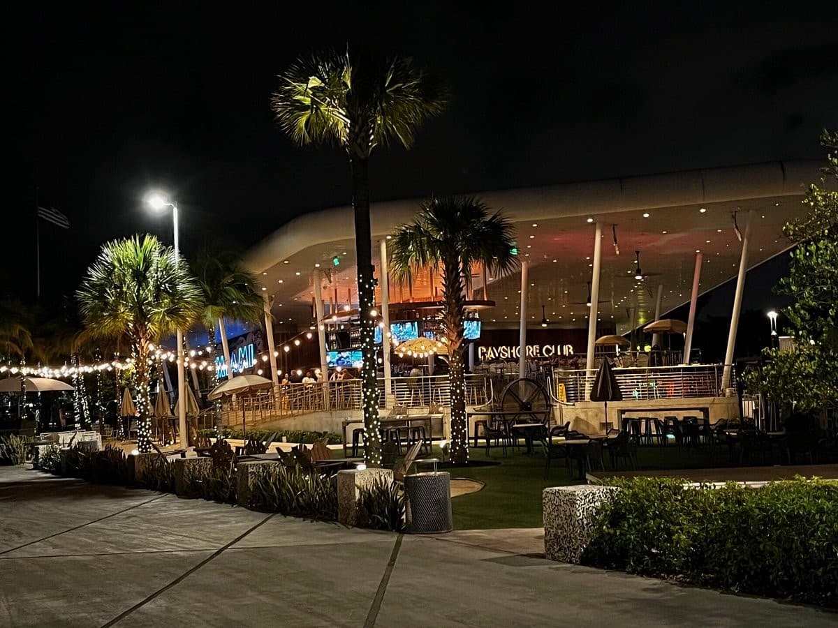 Bayshore Club Bar & Grill exterior at night in Miami