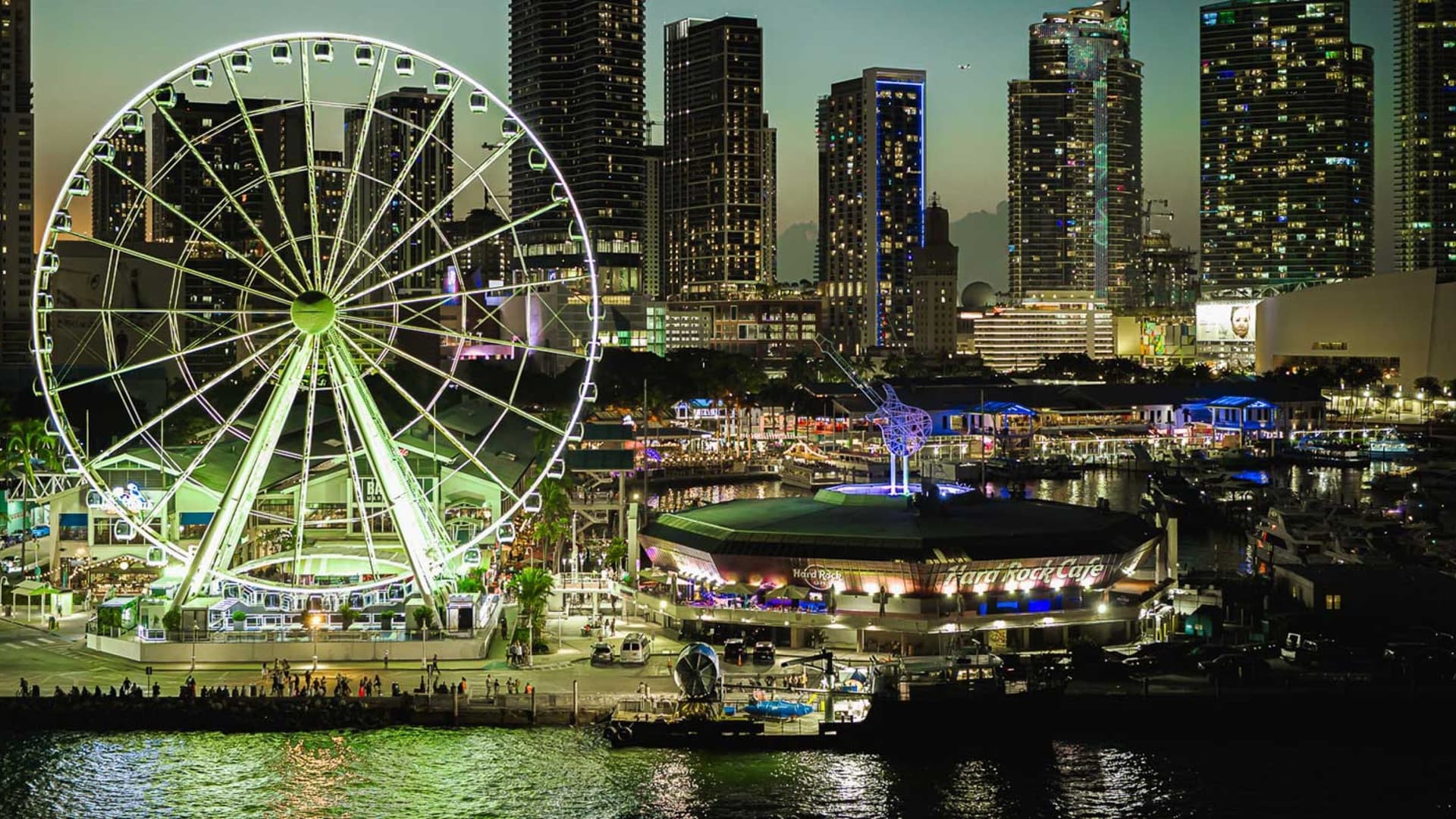 Bayside Marketplace waterfront view at night in Miami