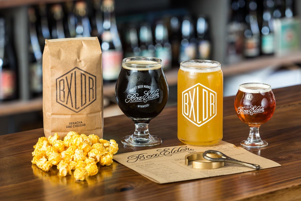 Craft beers and popcorn at Boxelder Craft Beer Market Miami