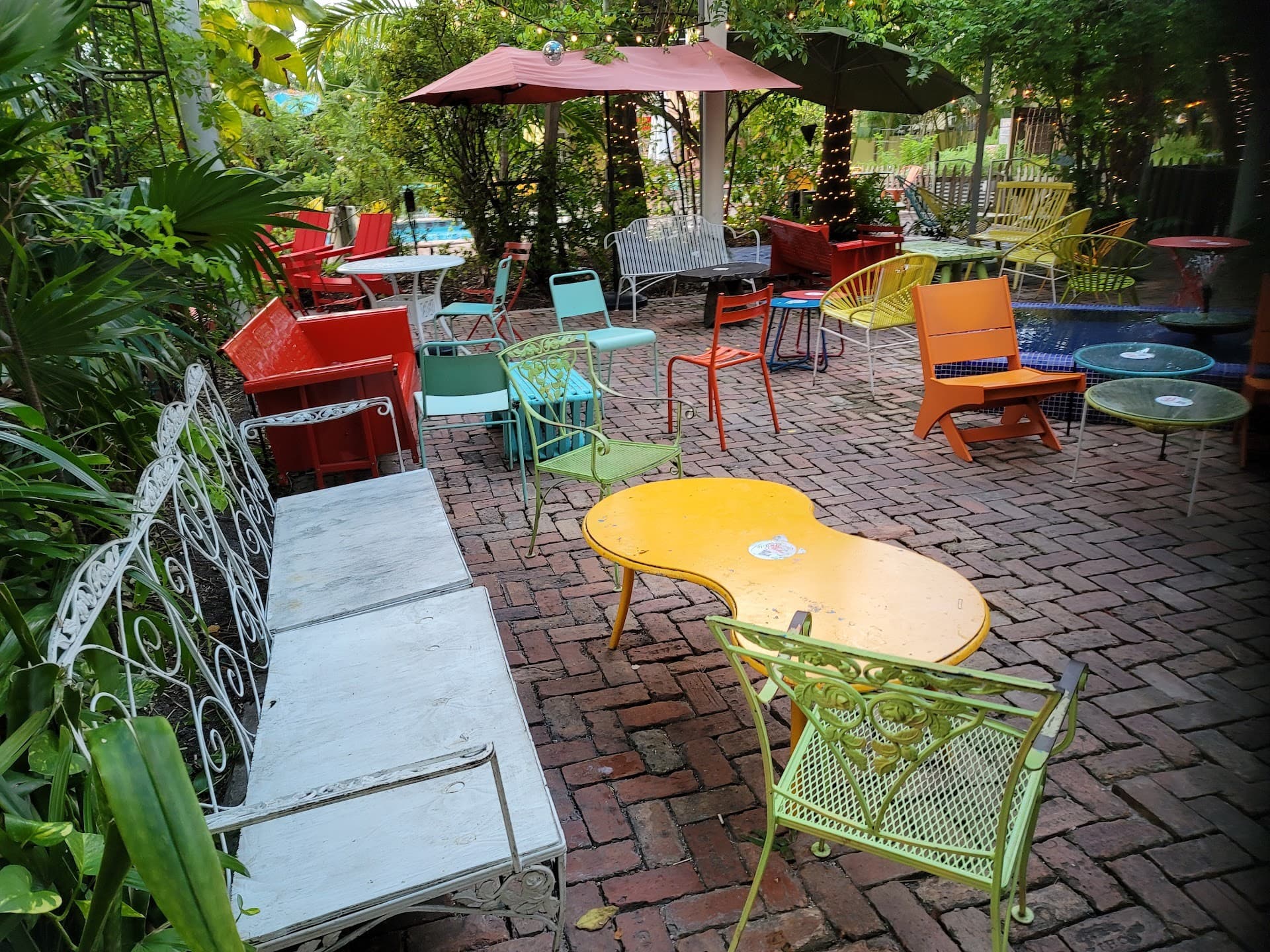 Colorful patio seating at Broken Shaker in Miami Beach