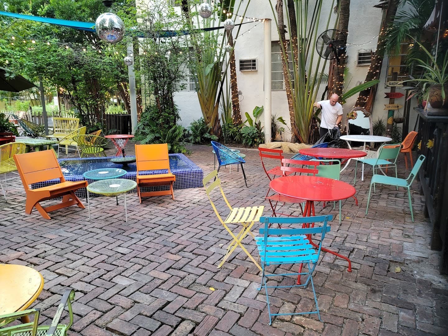 Colorful patio seating at Broken Shaker in Miami Beach