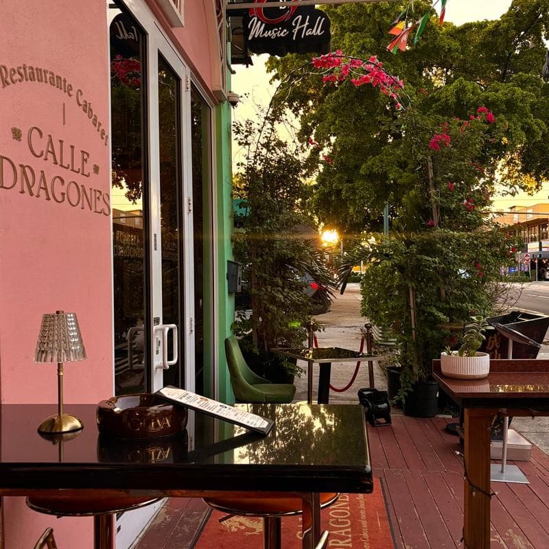 Calle Dragones restaurant exterior at sunset in Miami