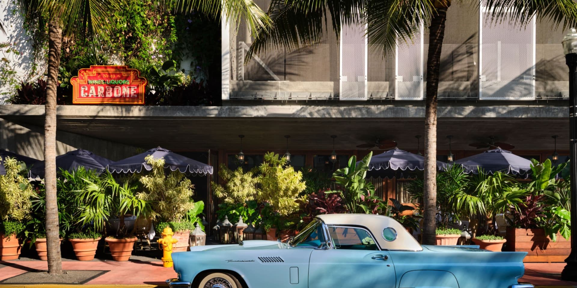 Carbone Miami restaurant exterior with vintage car
