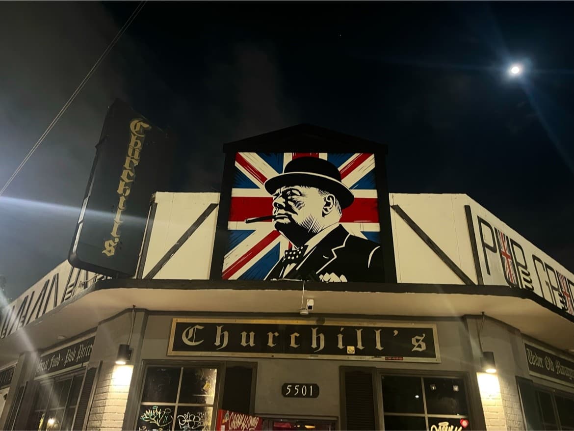 Churchill's Pub exterior at night in Miami