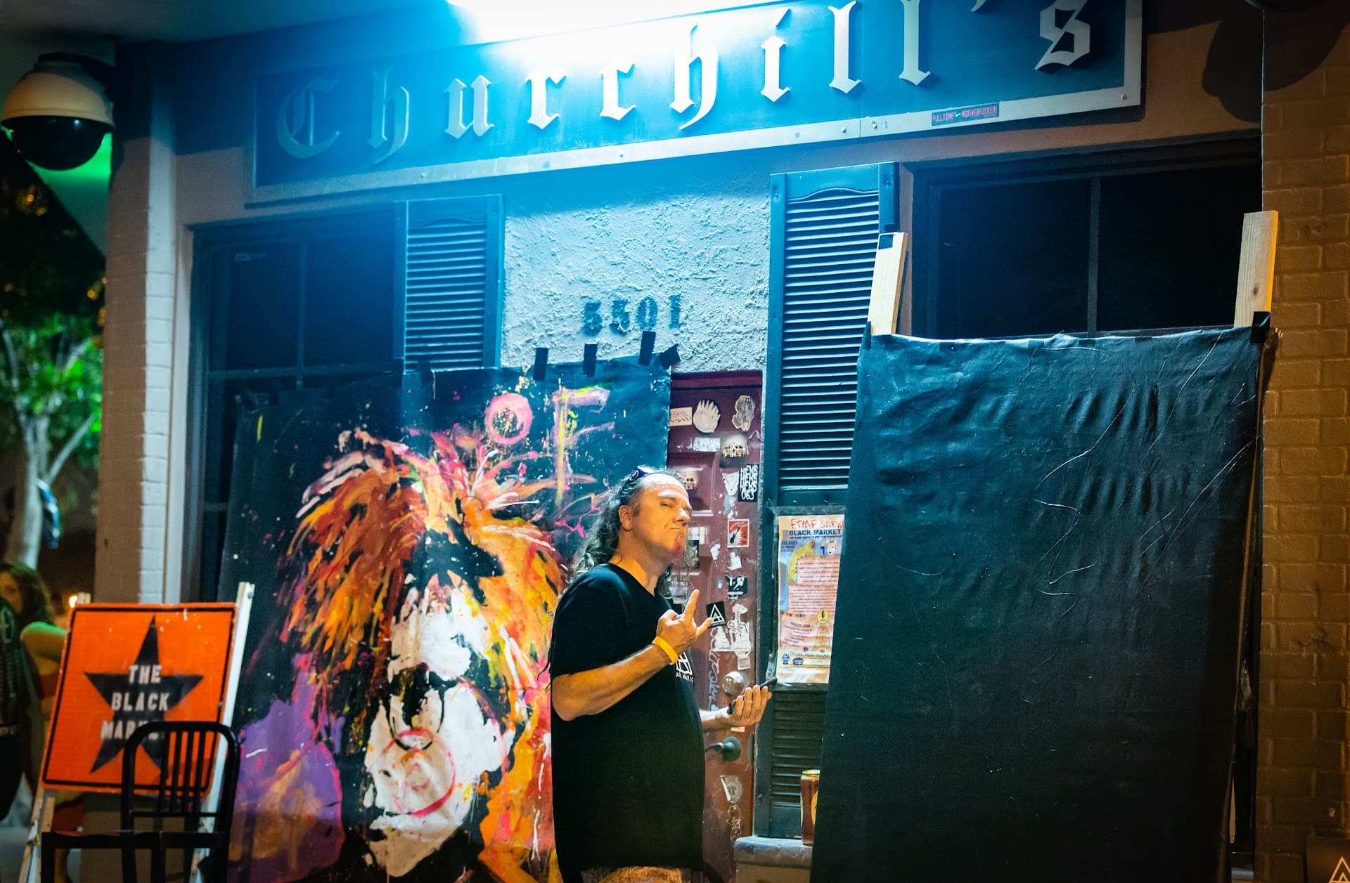 Churchill's Pub exterior at night in Miami