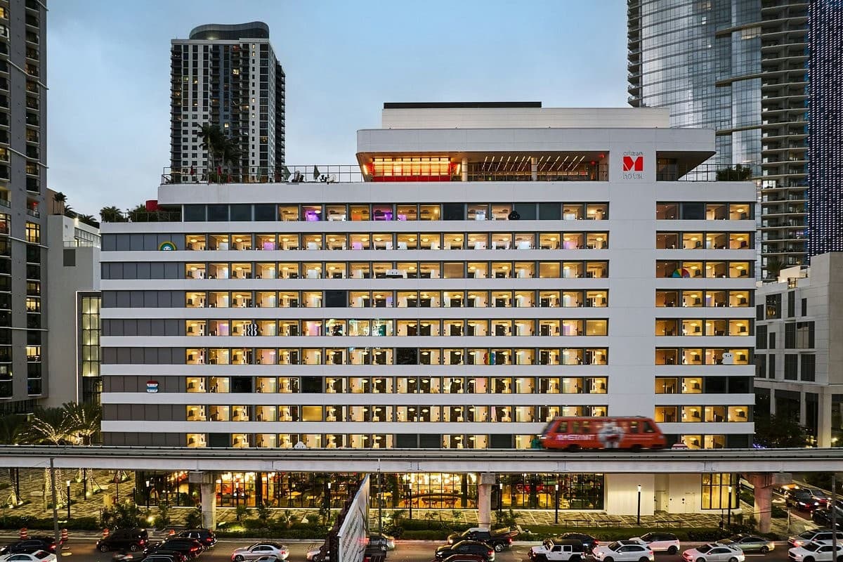CitizenM Miami World Center hotel facade at dusk