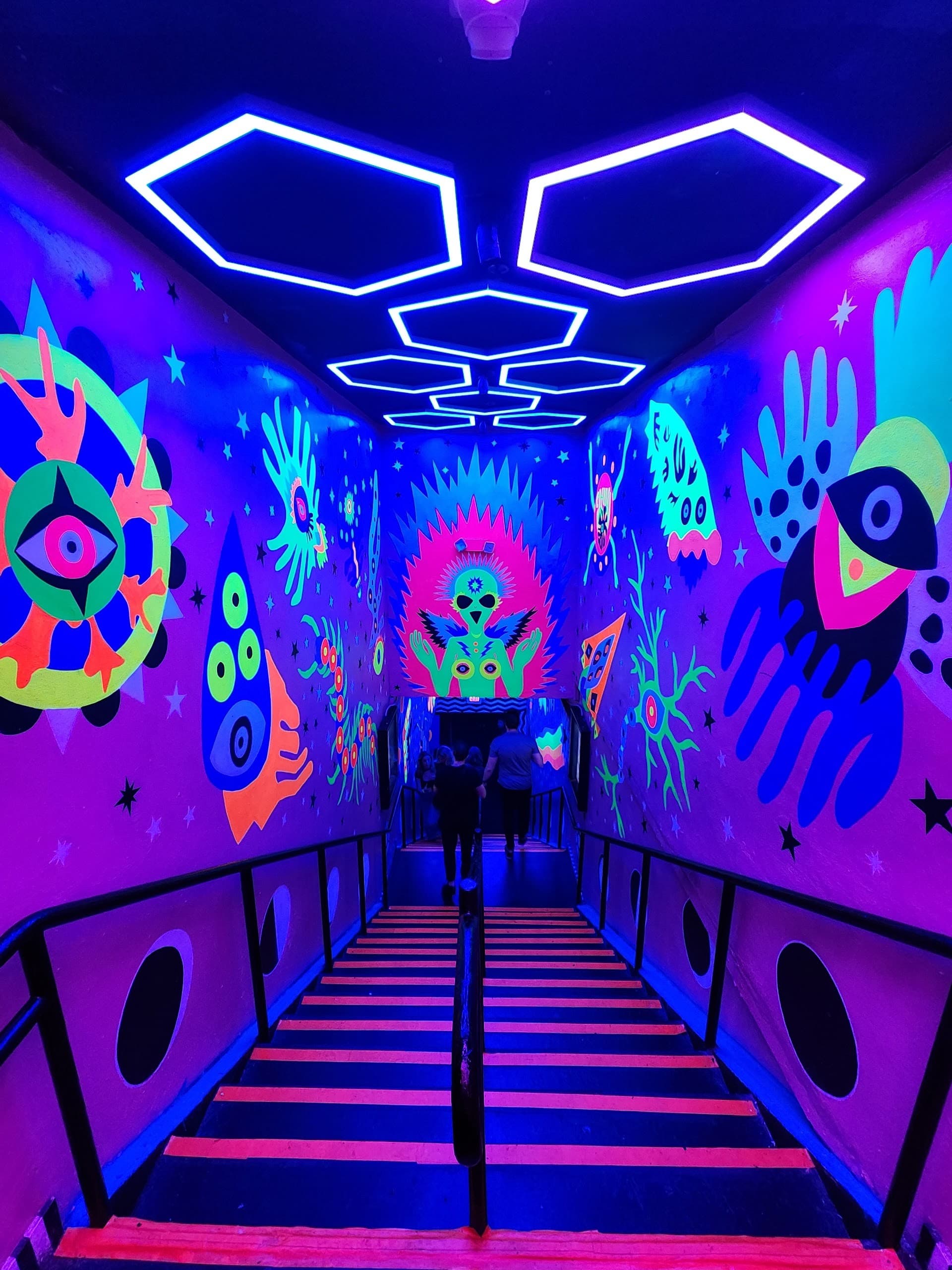 Colorful staircase interior at CLUB SPACE in Miami