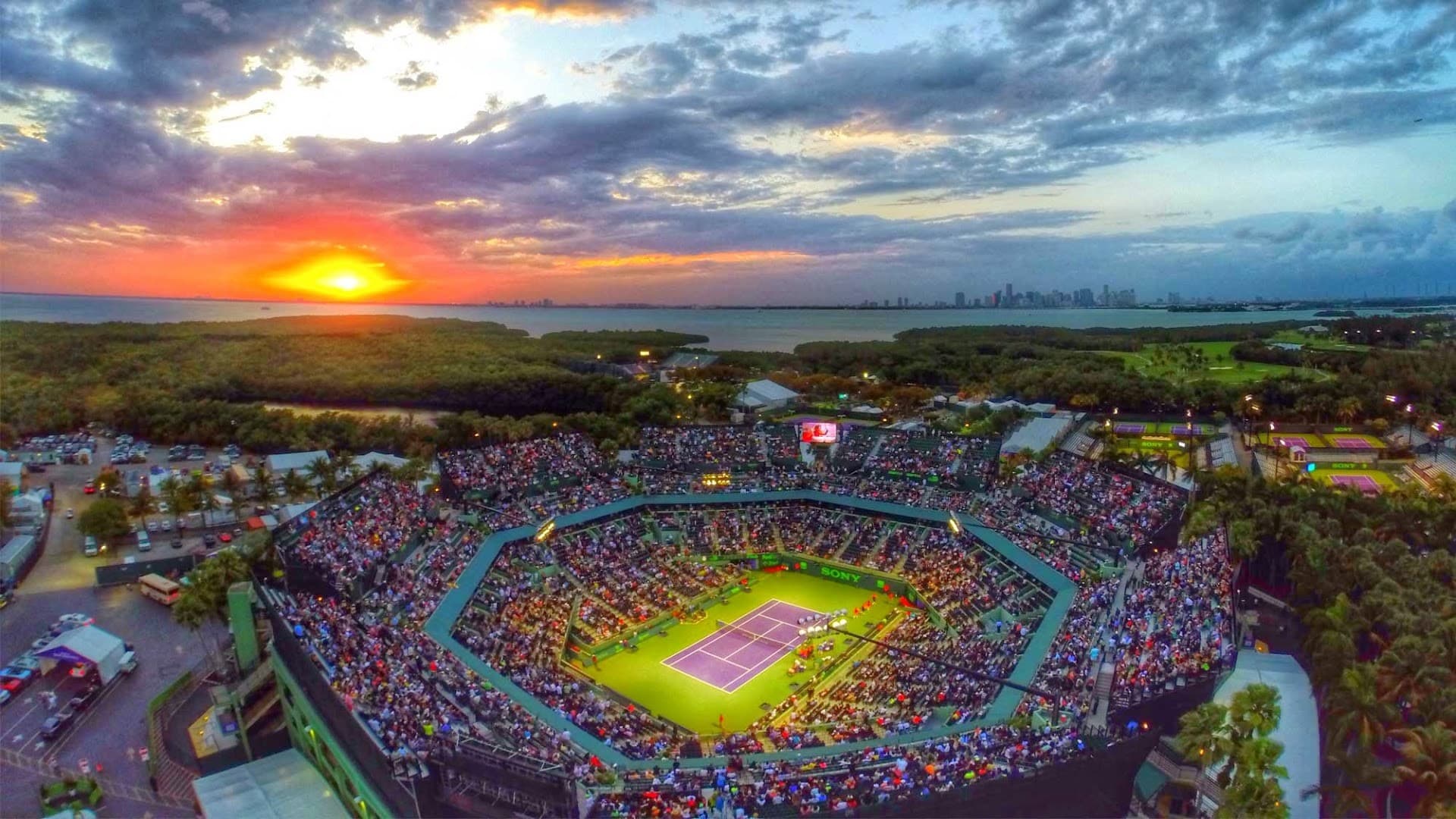 Sunset view over Crandon Park Tennis Center in Key Biscayne
