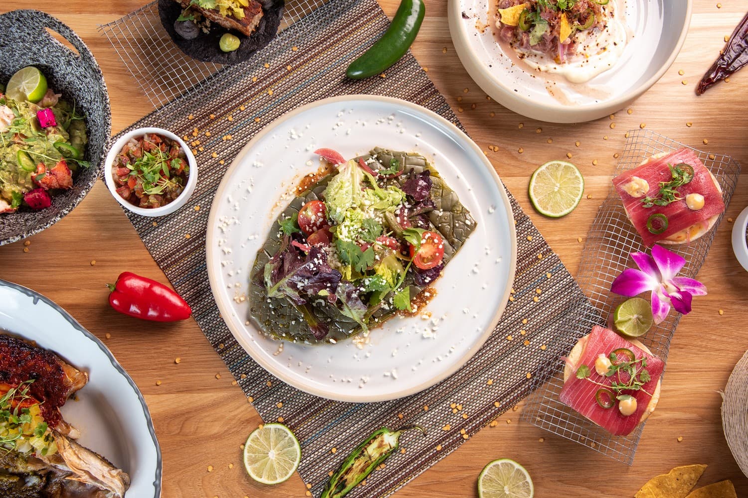 Gourmet dishes at Diez y Seis restaurant in Miami Beach