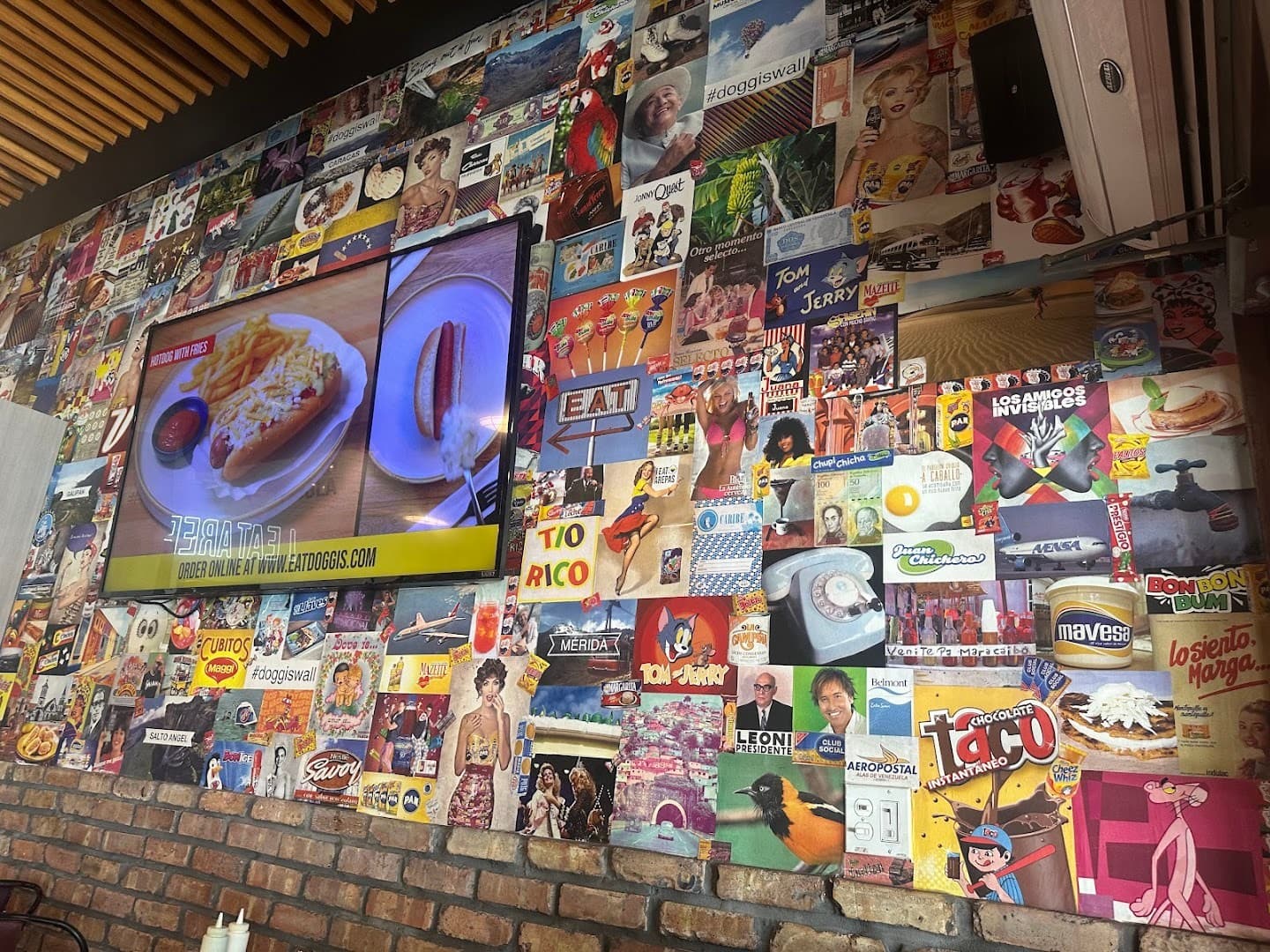Colorful interior wall at Doggi's Arepa Bar in Miami
