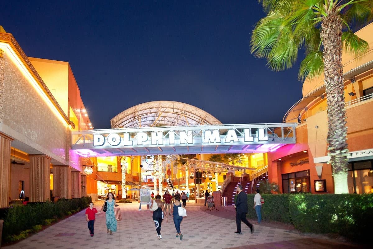 Dolphin Mall entrance at night in Miami