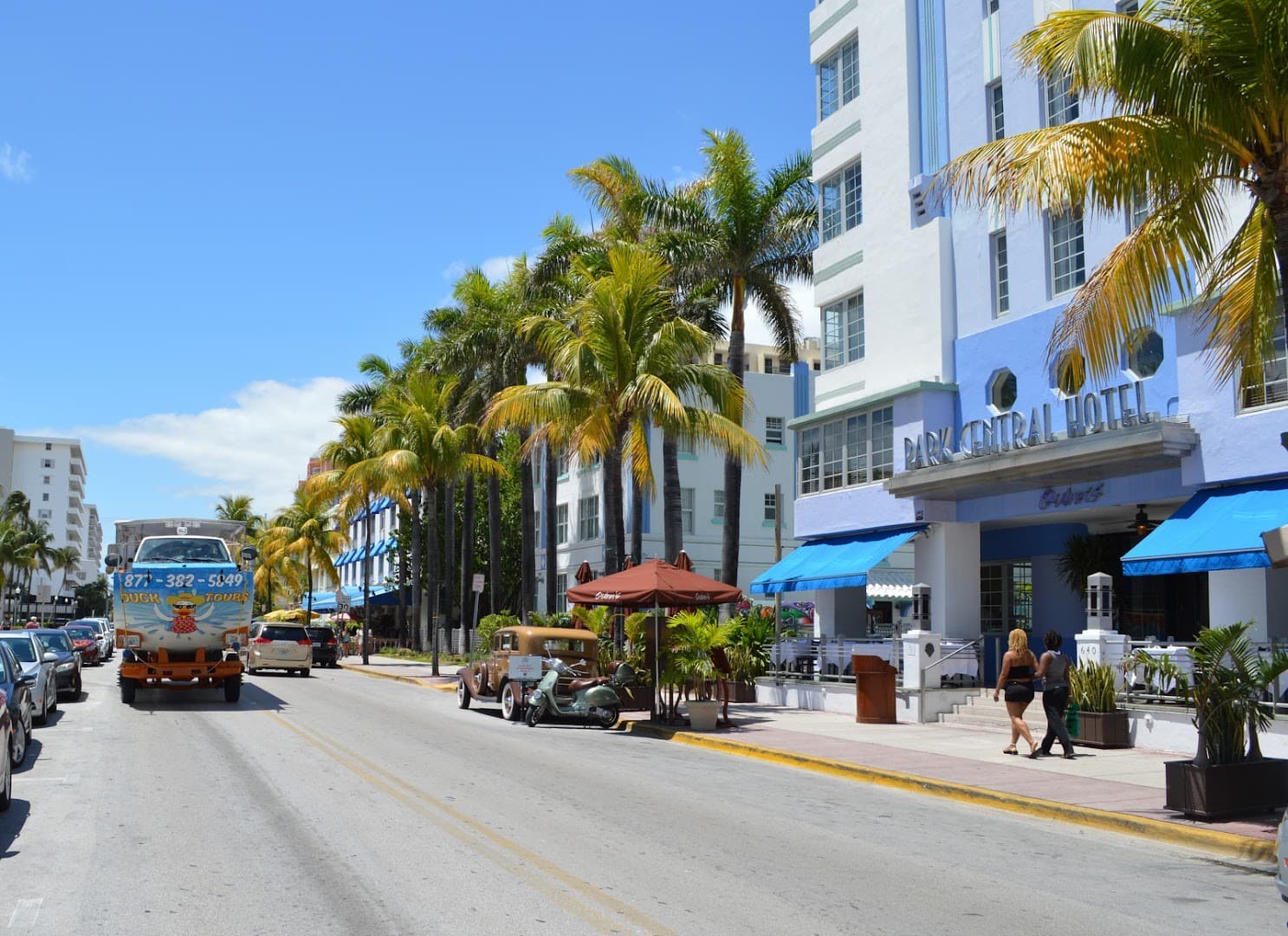 Duck Tours South Beach view with palm trees and hotel