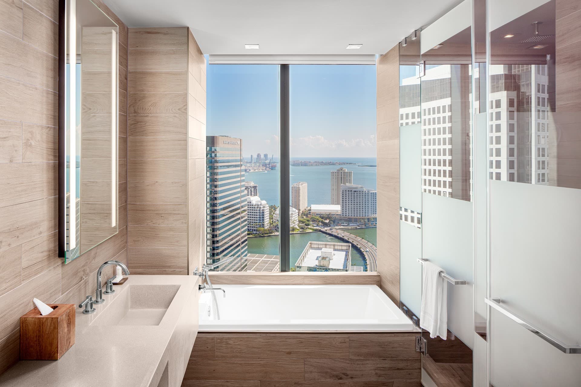 Luxury bathroom at EAST Miami hotel with a view