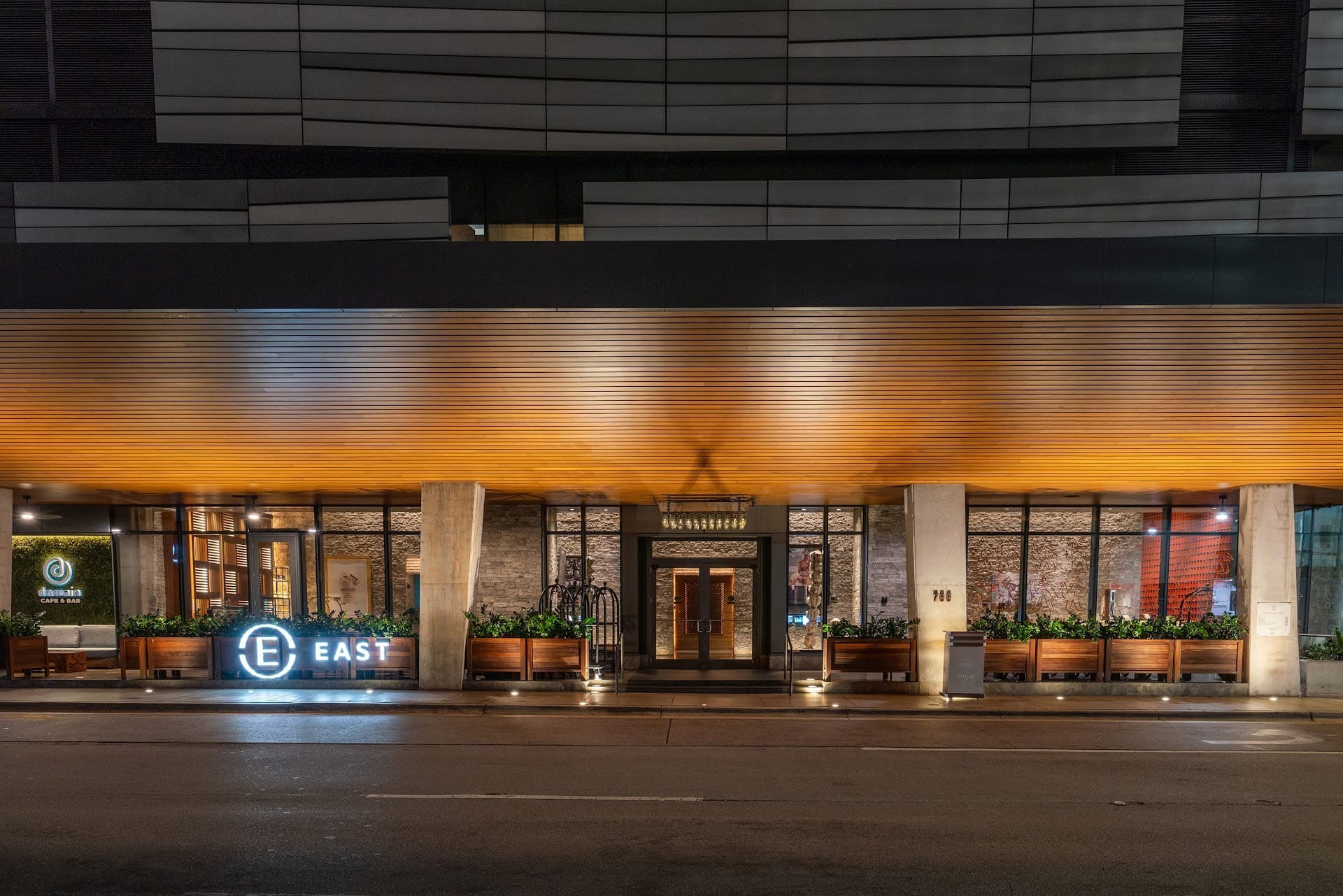EAST Miami hotel entrance at night