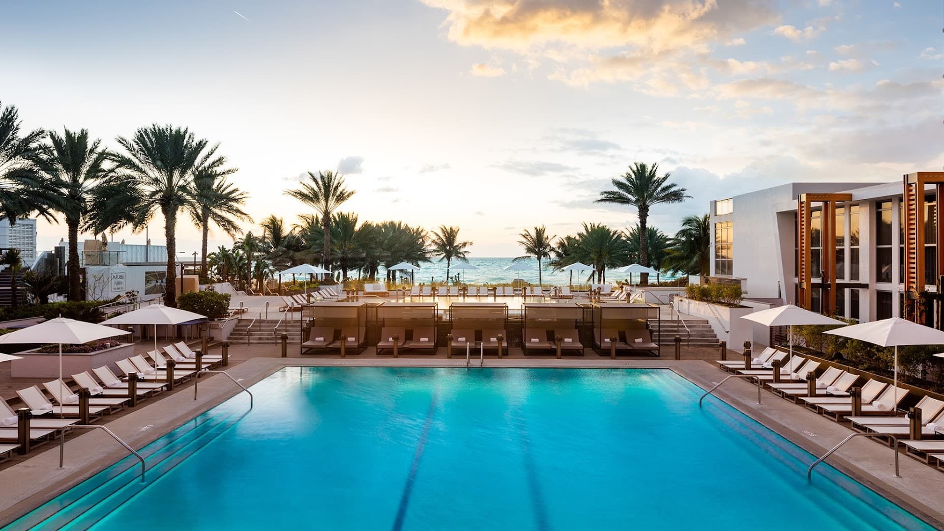 Eden Roc Miami Beach pool area at sunset