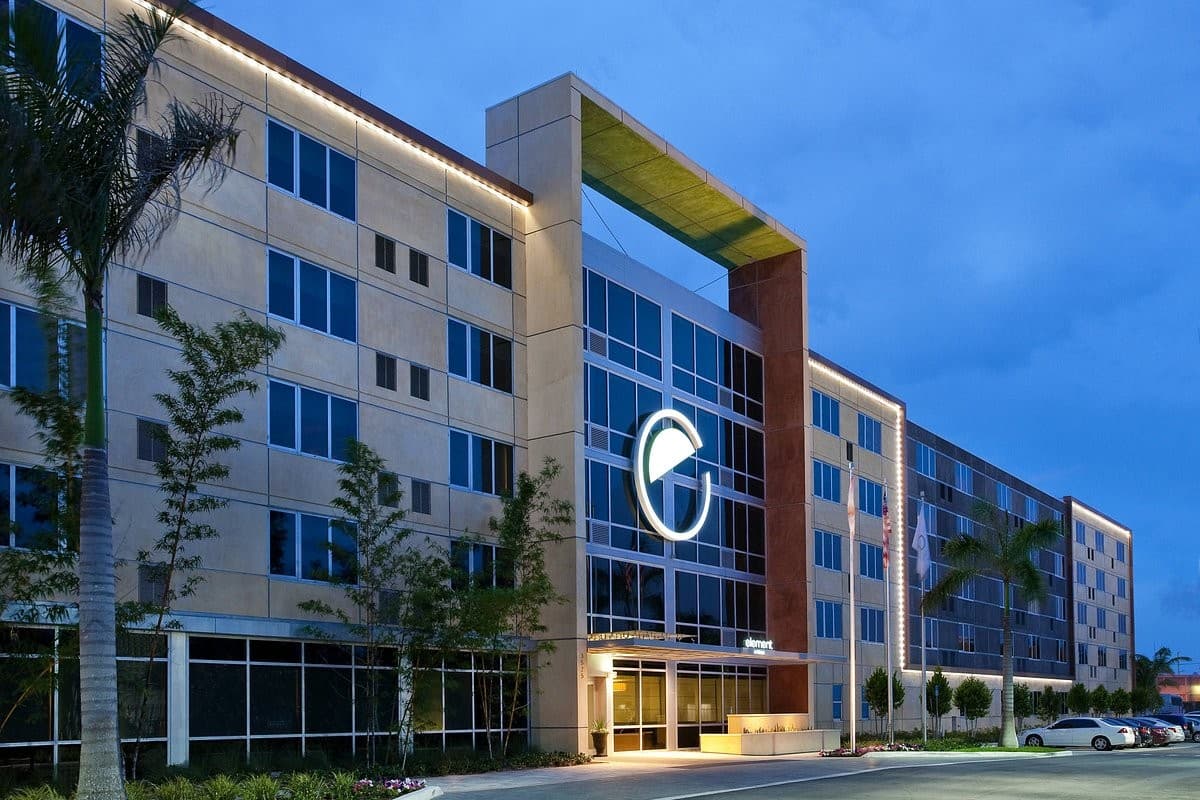 Element Miami International Airport hotel exterior at dusk