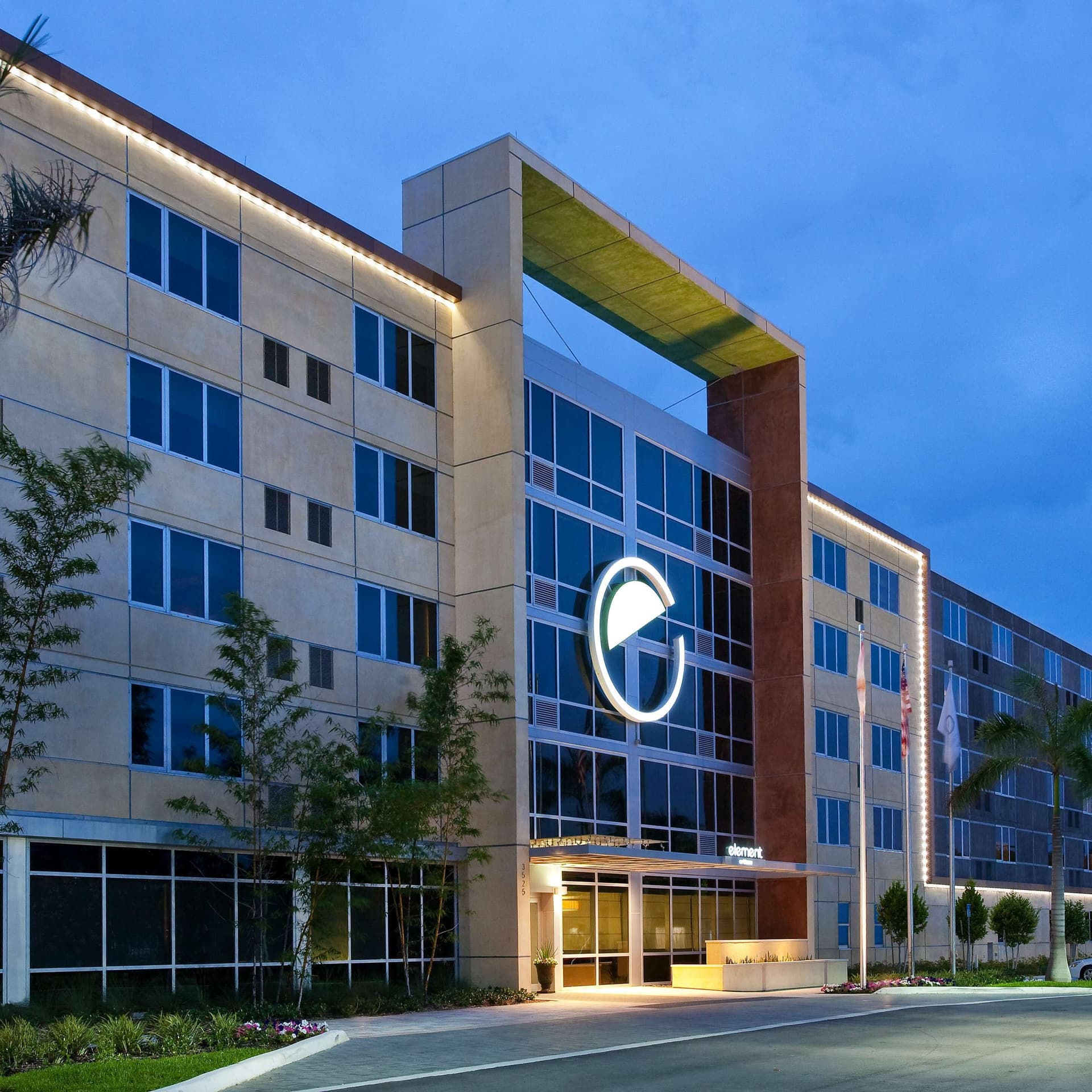 Element Miami International Airport hotel exterior at dusk