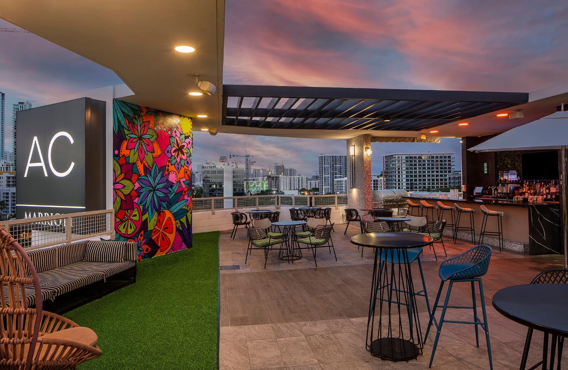 Elevar Wynwood rooftop bar in Miami at sunset