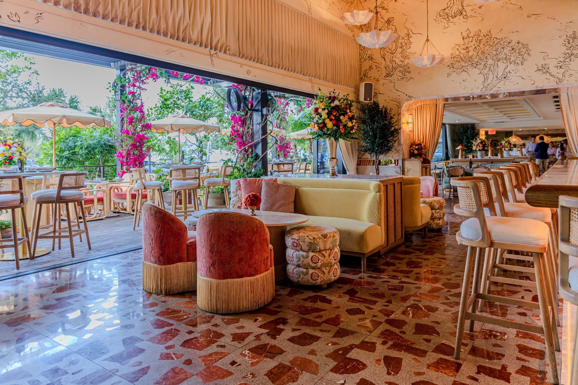 Elia restaurant interior in Miami with vibrant decor
