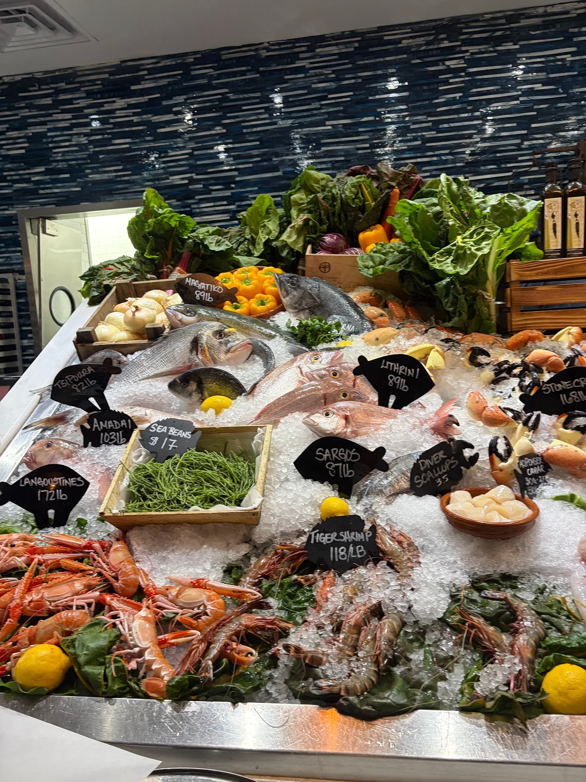 Fresh seafood display at estiatorio Milos Miami Beach