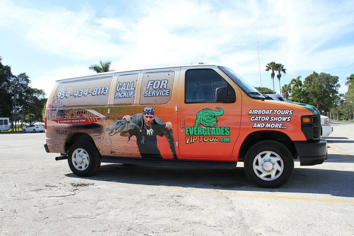 Everglades Holiday Park van promoting airboat tours in Fort Lauderdale