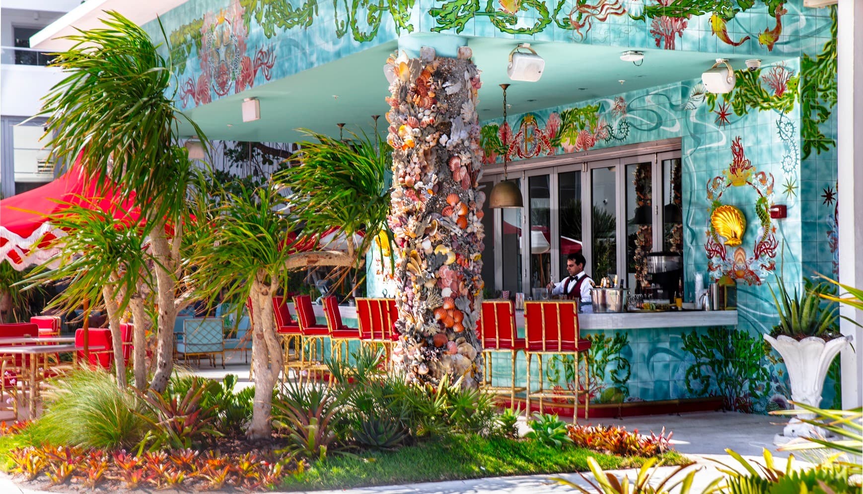 Faena Hotel Miami Beach bar area with vibrant decor