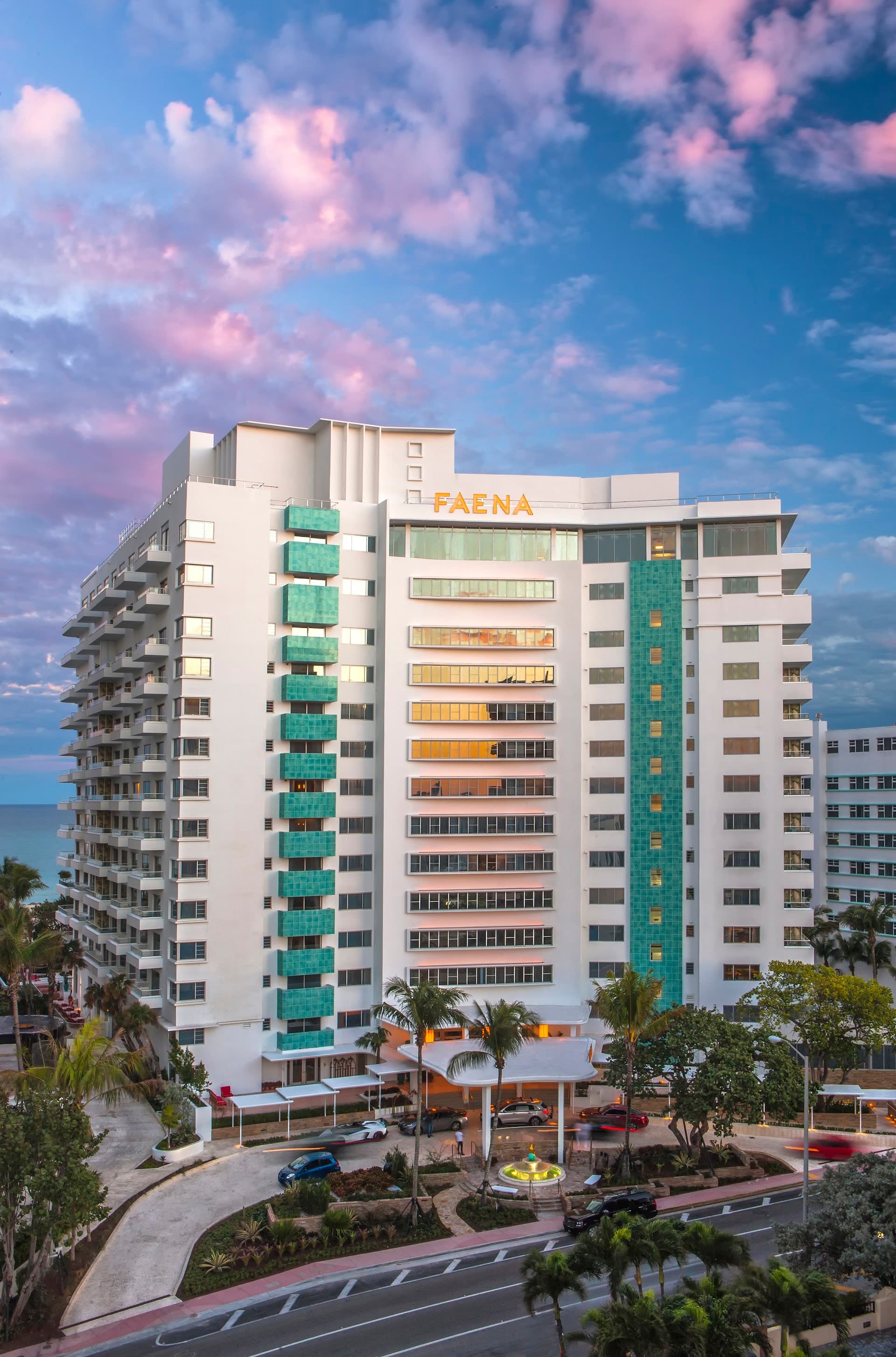 Faena Hotel Miami Beach building exterior at sunset