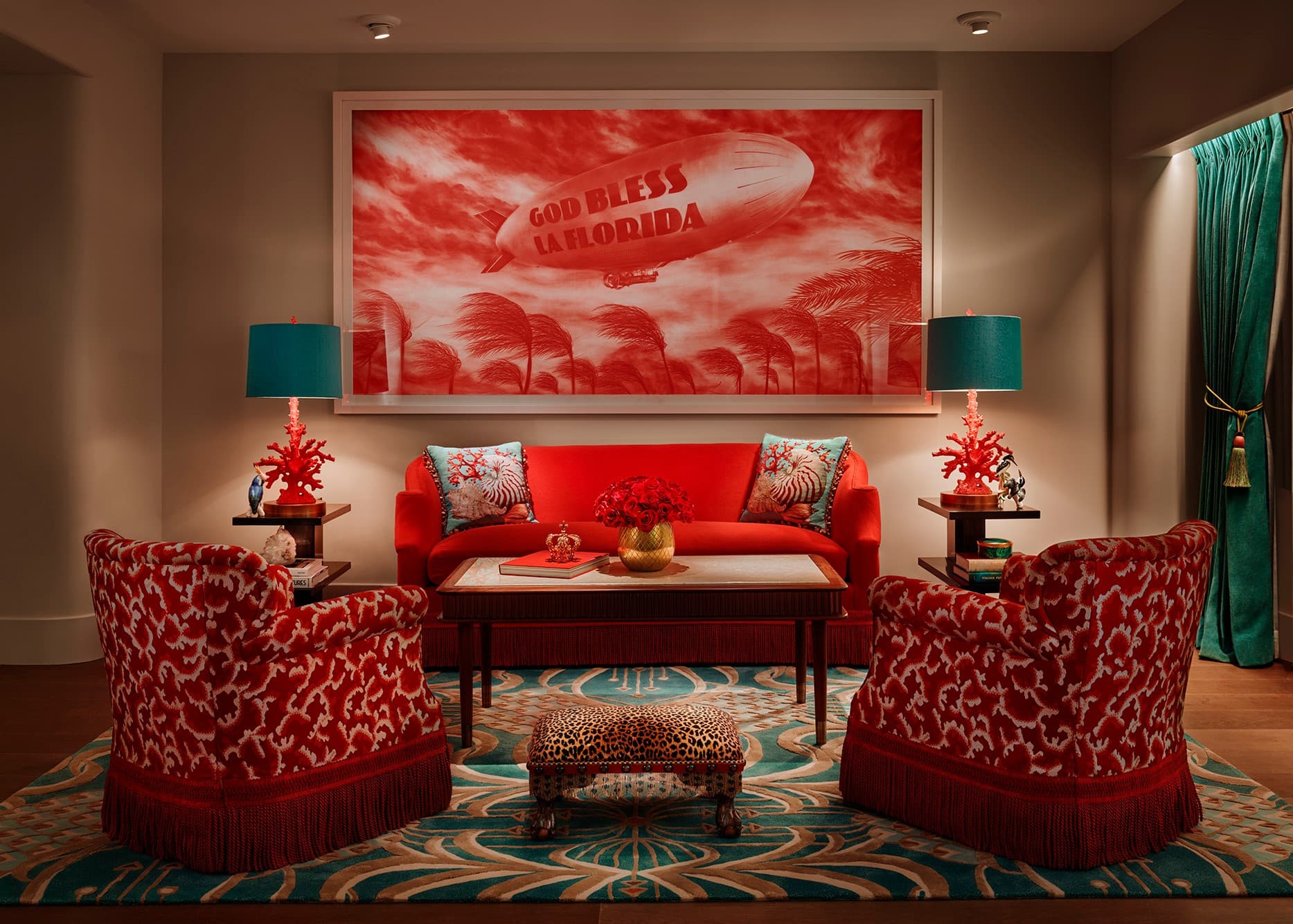 Lobby of Faena Hotel Miami Beach with red decor