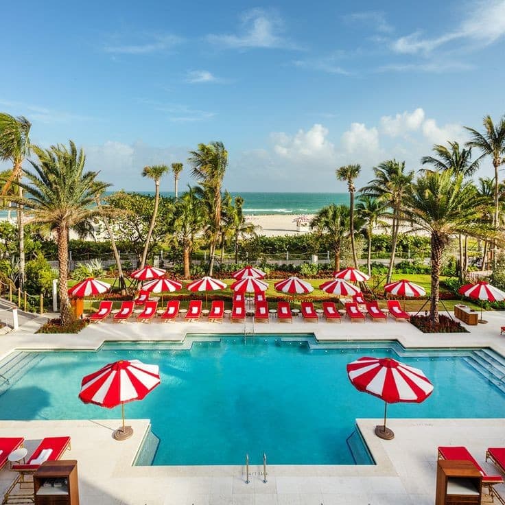Faena Hotel Miami Beach pool area with umbrellas