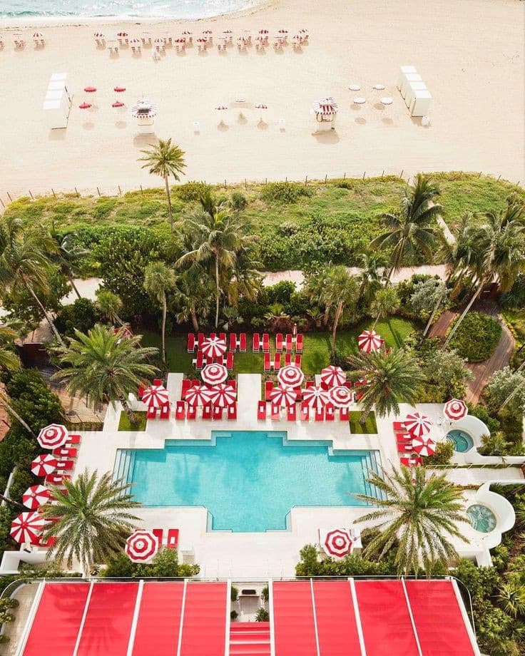 Faena Hotel Miami Beach pool area with umbrellas