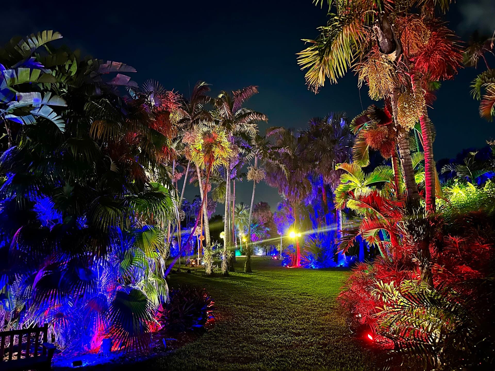 Fairchild Tropical Botanic Garden illuminated at night in Coral Gables