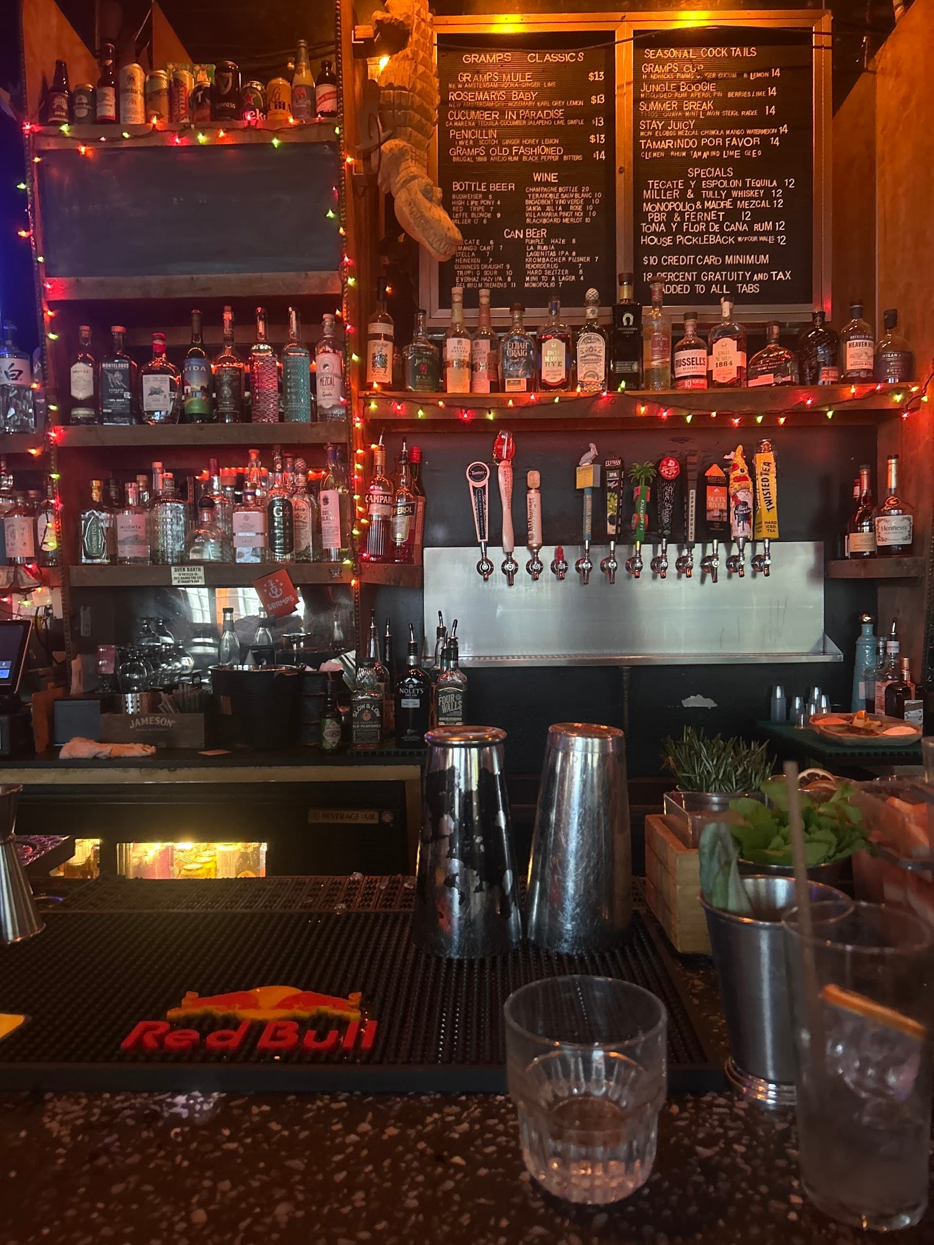 Bar area at Gramps in Miami with drinks