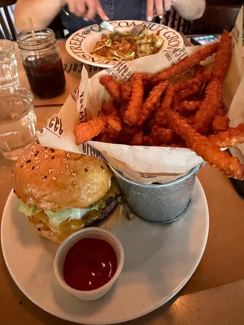 Delicious burger and sweet potato fries at Greenstreet Cafe in Miami