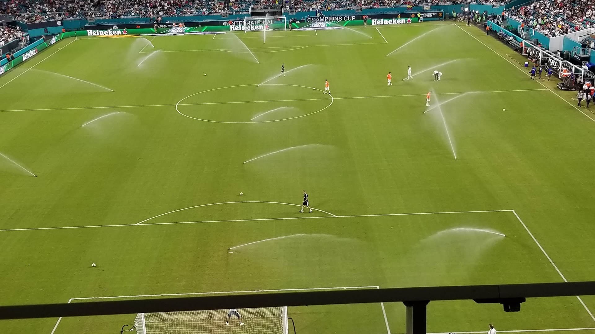 Hard Rock Stadium field with sprinklers in Miami Gardens