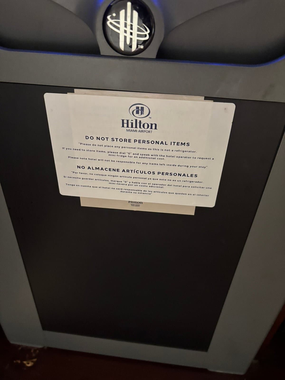 Hilton Miami Airport signage, no personal items storage