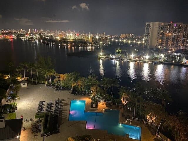 Scenic nighttime view from Hilton Miami Airport Blue Lagoon