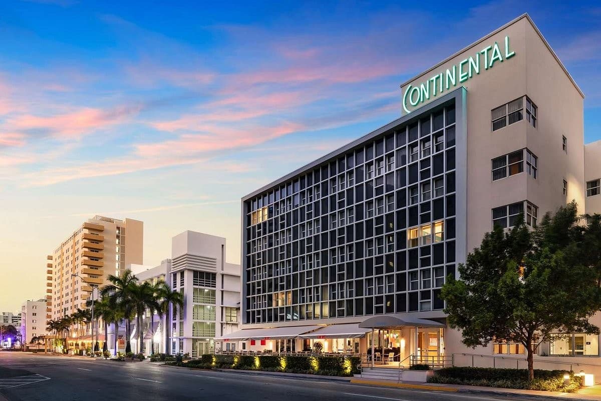 Hotel Continental Miami Beach exterior at sunset