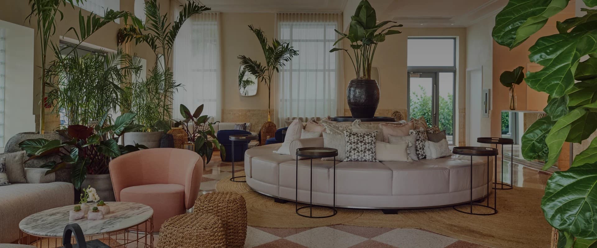 Stylish lobby at Hotel Greystone in Miami Beach