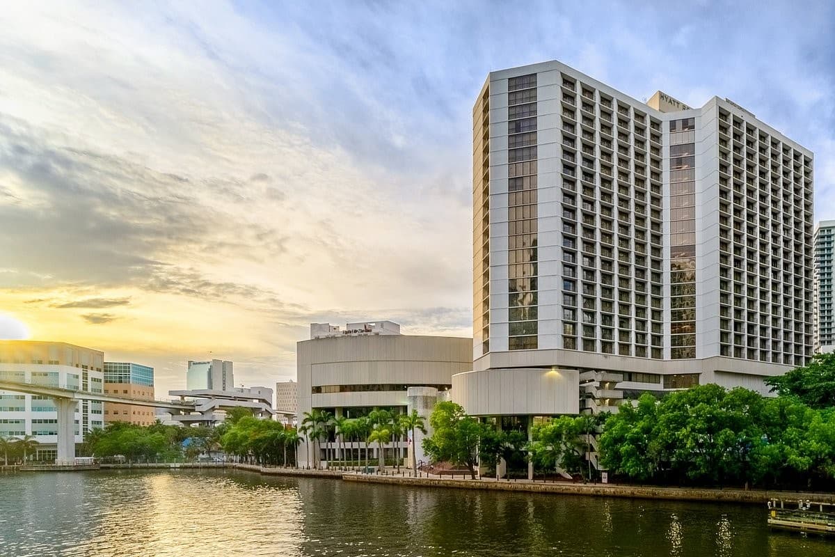 Hyatt Regency Miami hotel exterior at sunset
