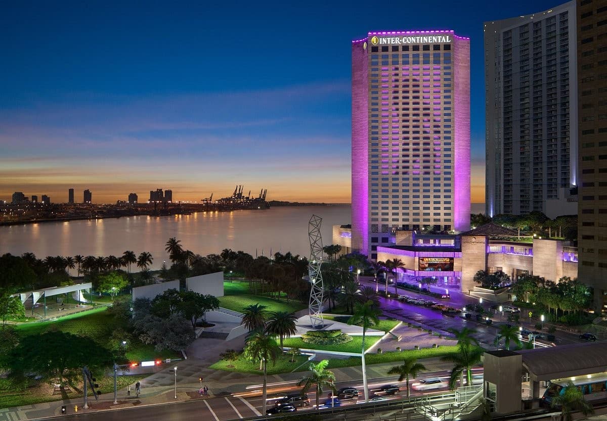 InterContinental Miami hotel exterior at sunset